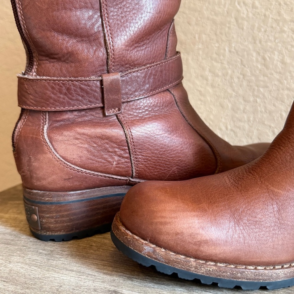UGG Langley Cognac Leather Sheepskin Tall Boots Waterproof Winter Boots - Picture 7 of 16